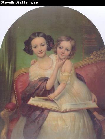 Joseph-Desire Court Portrait de Marguerite Louise Cibiel et de Marie Aglaure Cibiel assises sur un sofa  feuilletant un livre